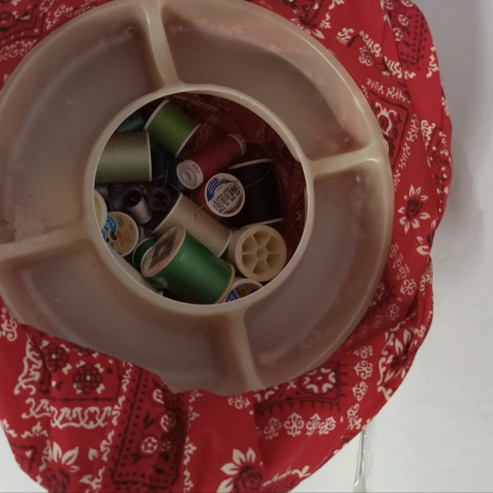 Vintage Sewing Basket  Bandana wrapped Top JC Penny  with Spols of Treads